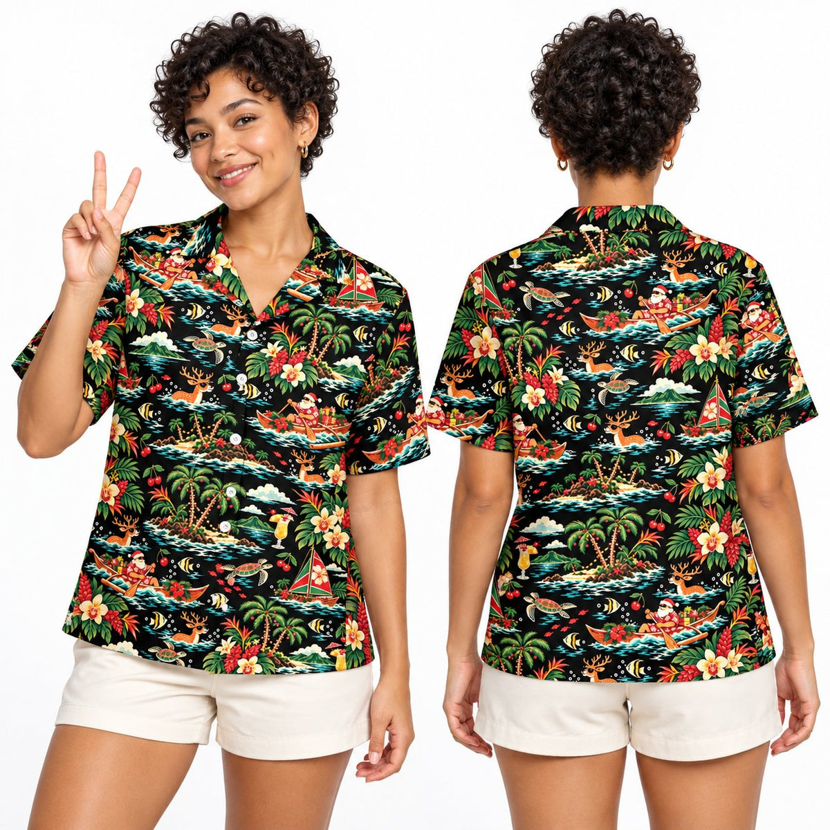 Lifestyle view of the tropical christmas hawaiian shirt worn outdoors