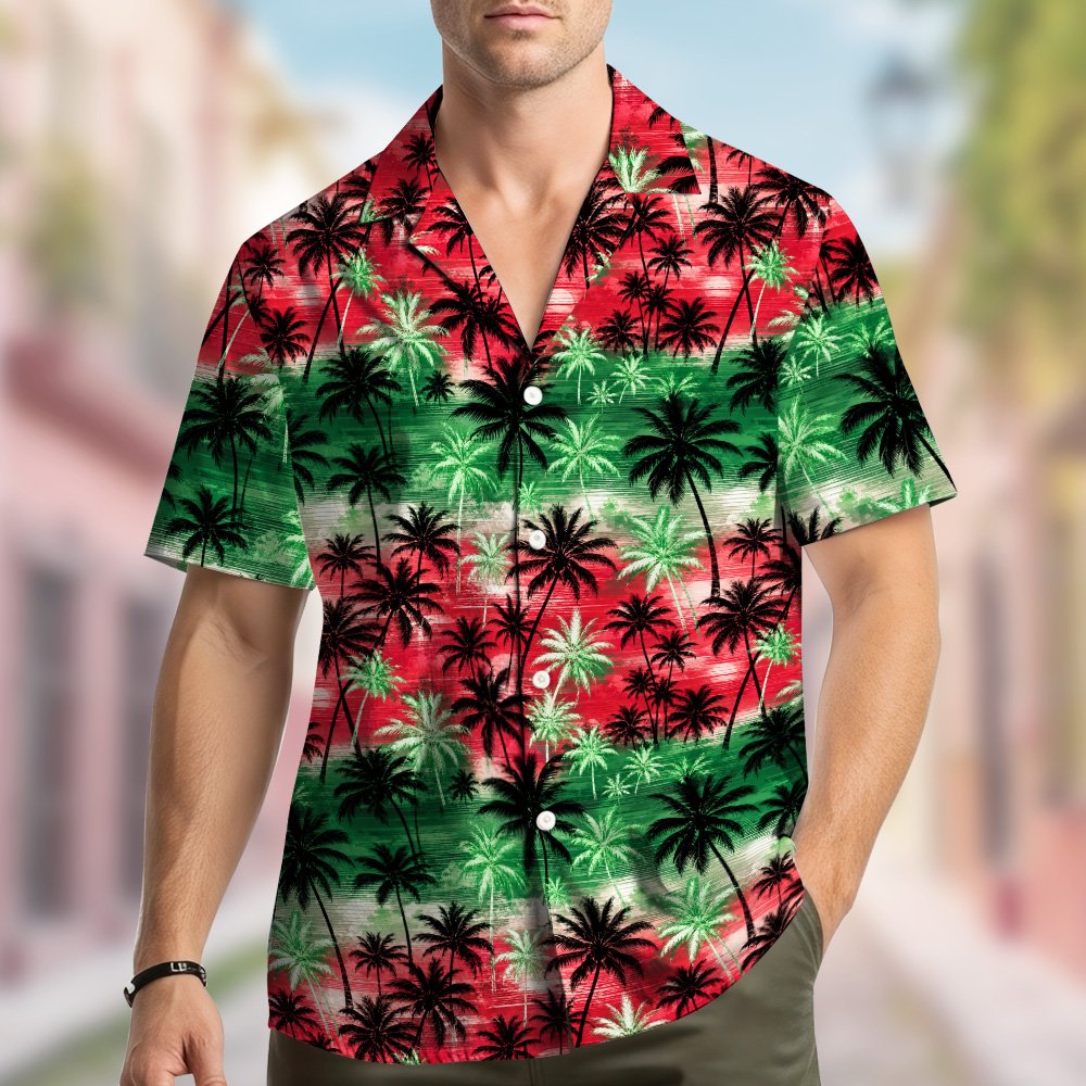 Lifestyle view of someone wearing a red tropical hawaiian shirt