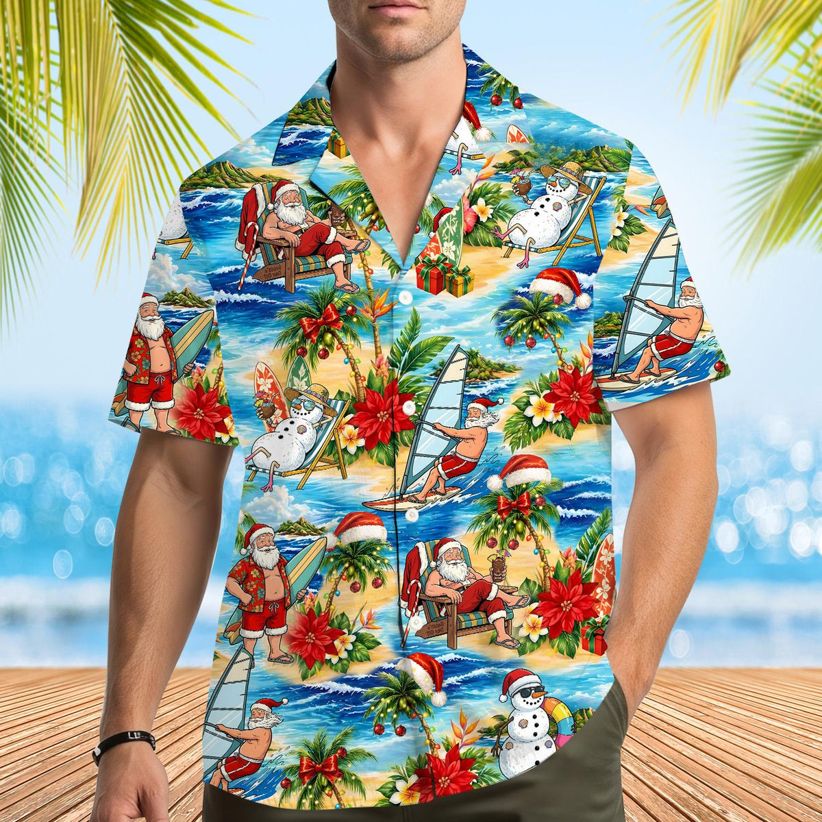 Second lifestyle view showcasing the tropical christmas hawaiian shirt