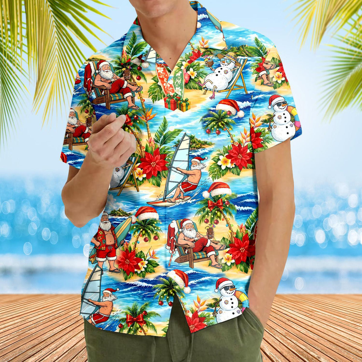 Fourth lifestyle image highlighting the festive matching family hawaiian shirts