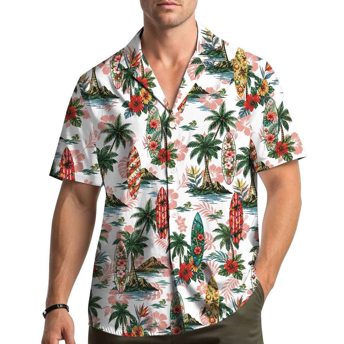 Family wearing matching family hawaiian shirts in a lifestyle setting