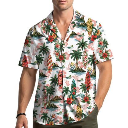 Family wearing matching family hawaiian shirts in a lifestyle setting