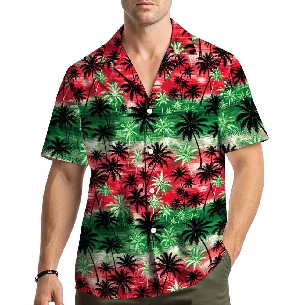 Family wearing matching tropical christmas hawaiian shirts together outdoors