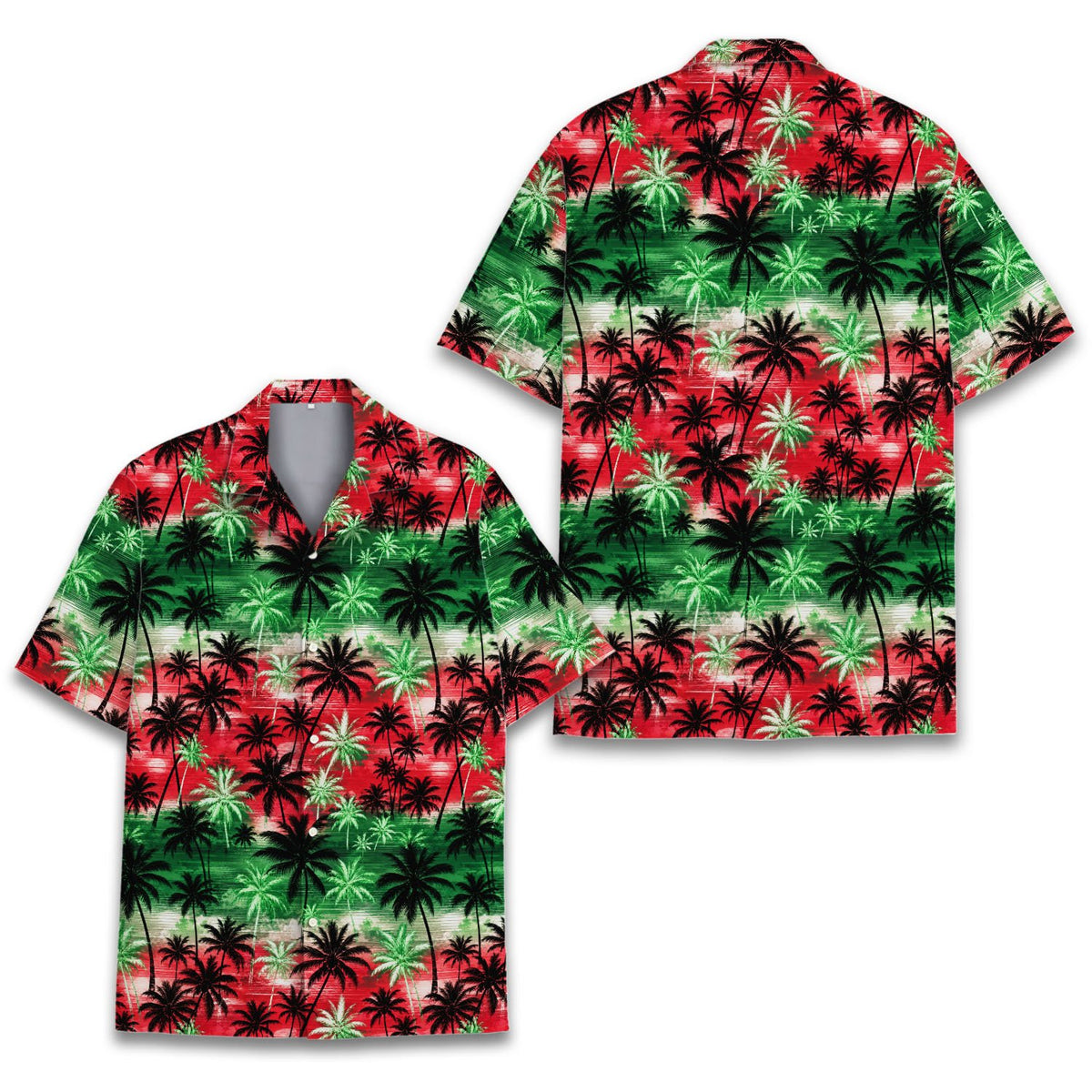 Close up of the palm tree and striped print on the hawaiian shirt