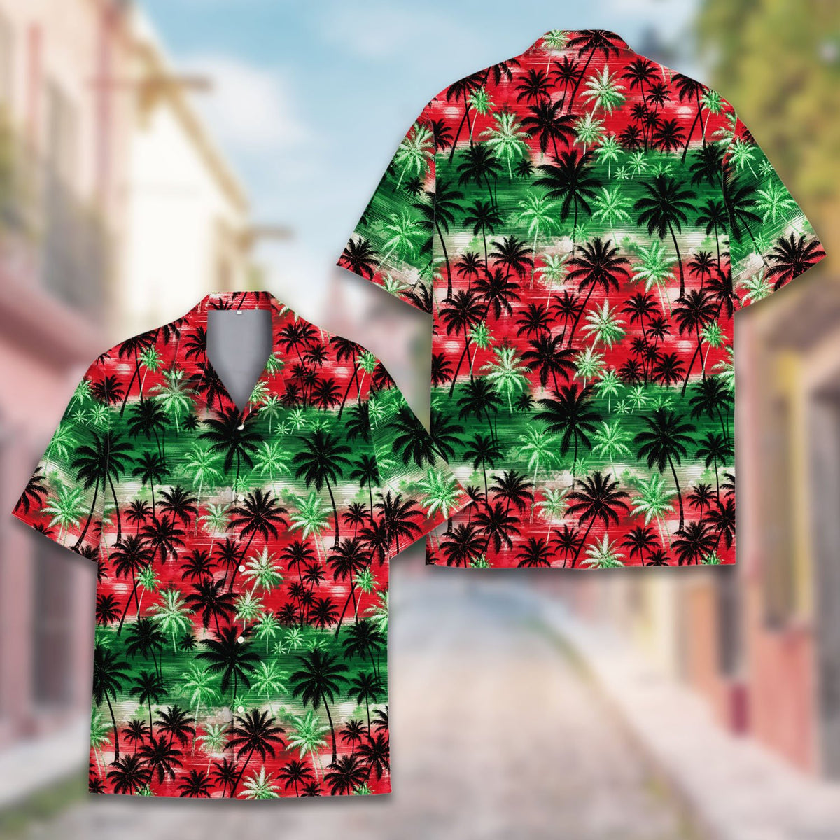 Additional detailed view of the red tropical hawaiian shirt fabric