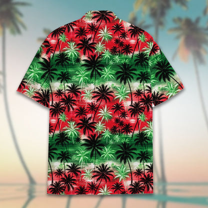Detailed view of the tropical christmas hawaiian shirt collar and buttons