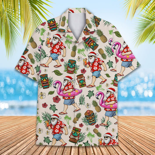 Tropical Christmas Santa Claus Flamingo Hawaiian Shirt on a beige background