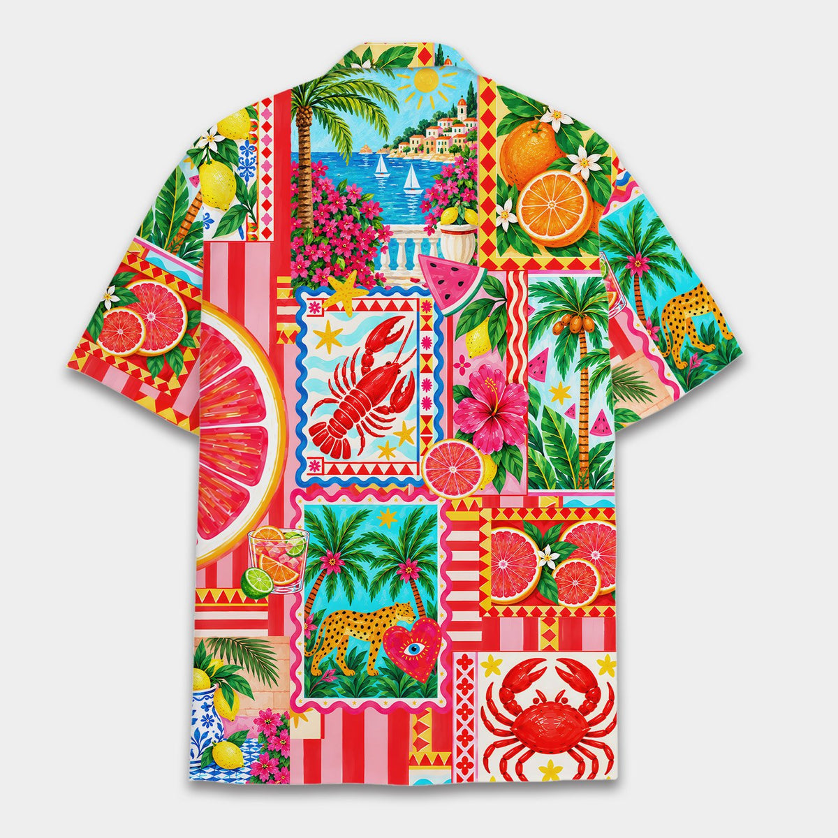 Back view of the tropical coastal leopard hawaiian shirt showing the colorful print