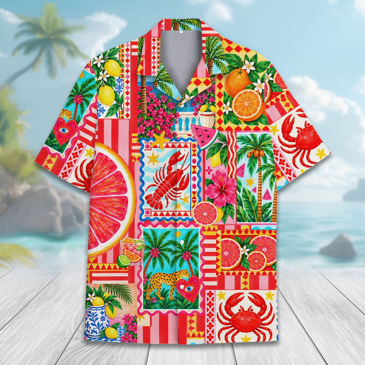 Another front view of the tropical patchwork hawaiian shirt