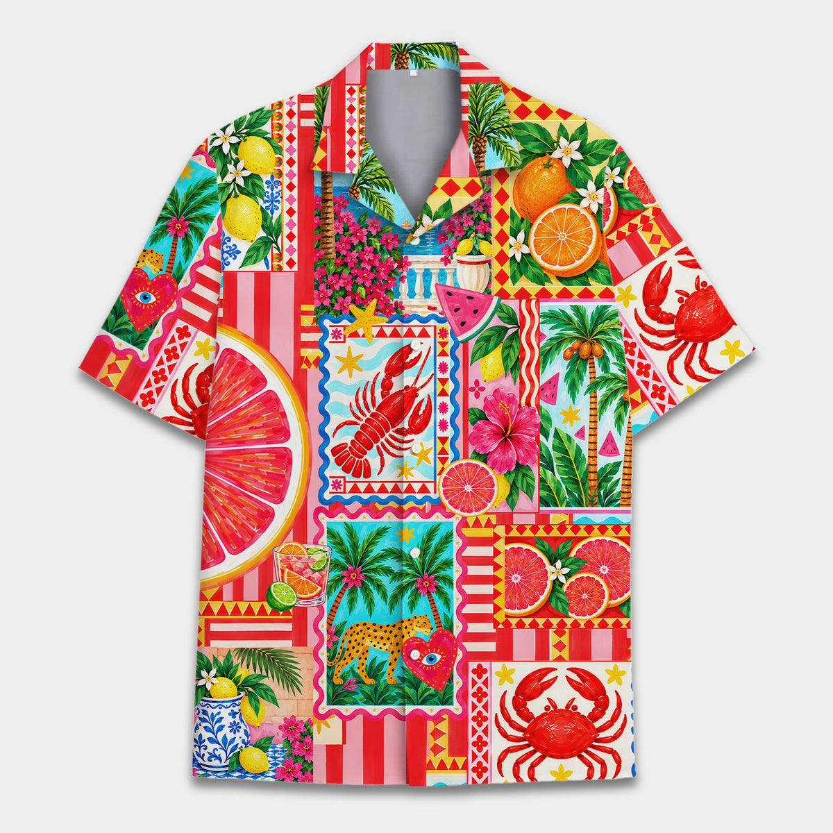 Detailed front view of the tropical coastal leopard button-down shirt