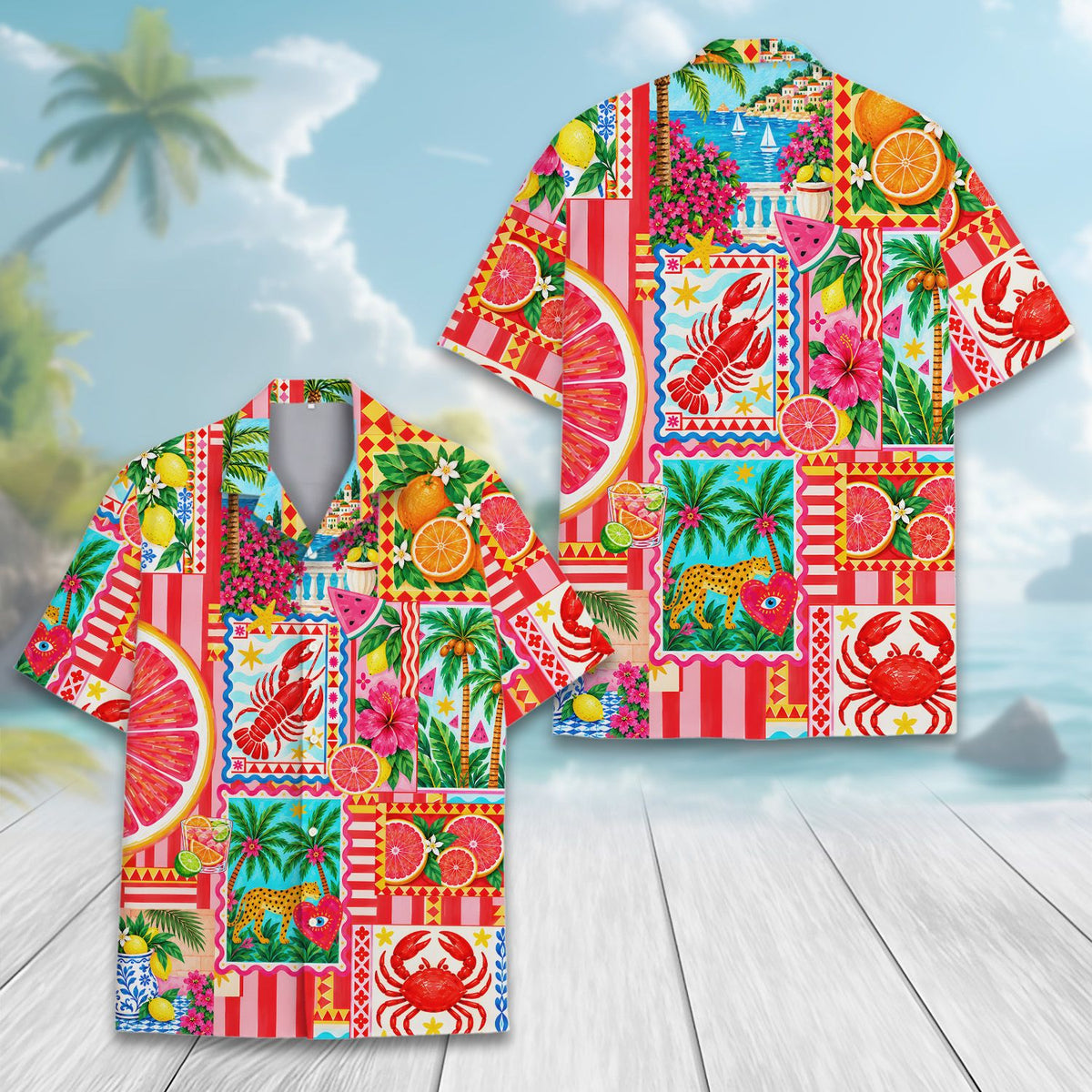 Main view of the tropical coastal leopard hawaiian shirt featuring a vibrant patchwork design