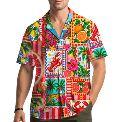 Another lifestyle view showing the vibrant tropical coastal leopard shirt in a casual setting