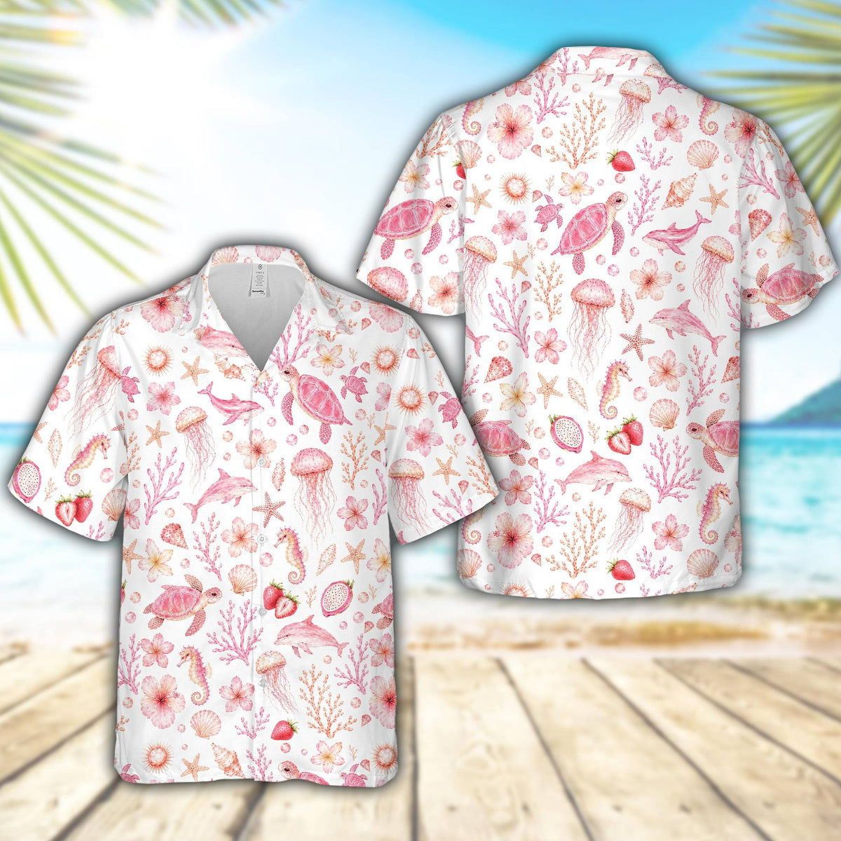 Tropical coastal hawaiian shirt with pink marine life pattern on white background, main view