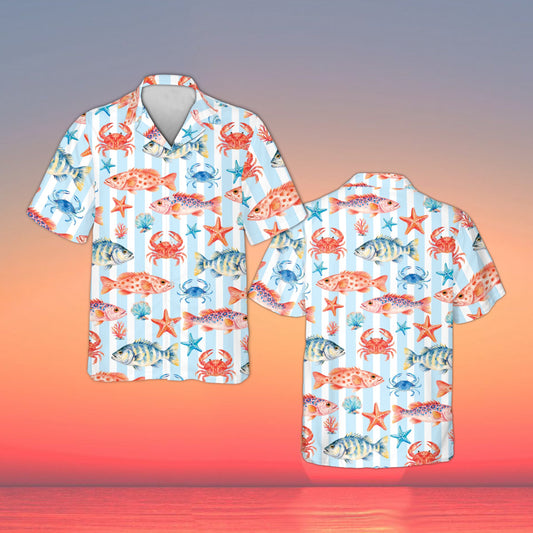 Main view of the matching family hawaiian shirts featuring a tropical coastal sea life print over stripes