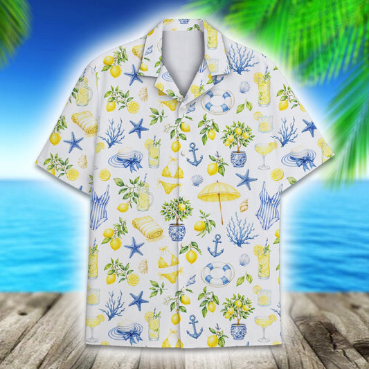 Tropical coastal hawaiian shirt featuring watercolor beach elements on a white background