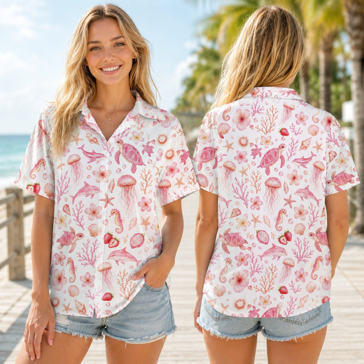 Lifestyle view of someone wearing the matching family hawaiian shirt with pink coastal elements outdoors