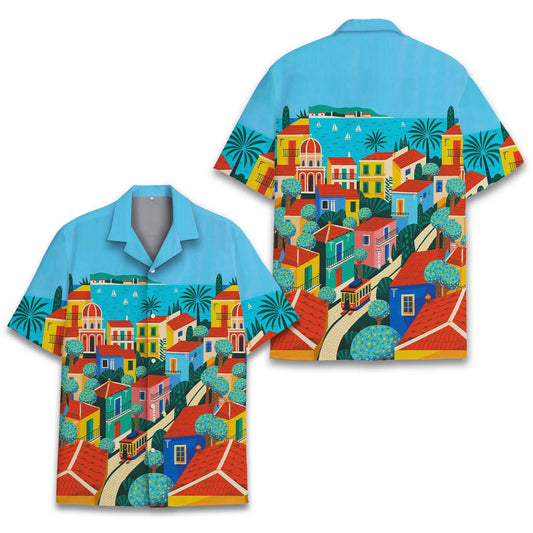 Tropical coastal village hawaiian shirt featuring colorful coastal town design, front view