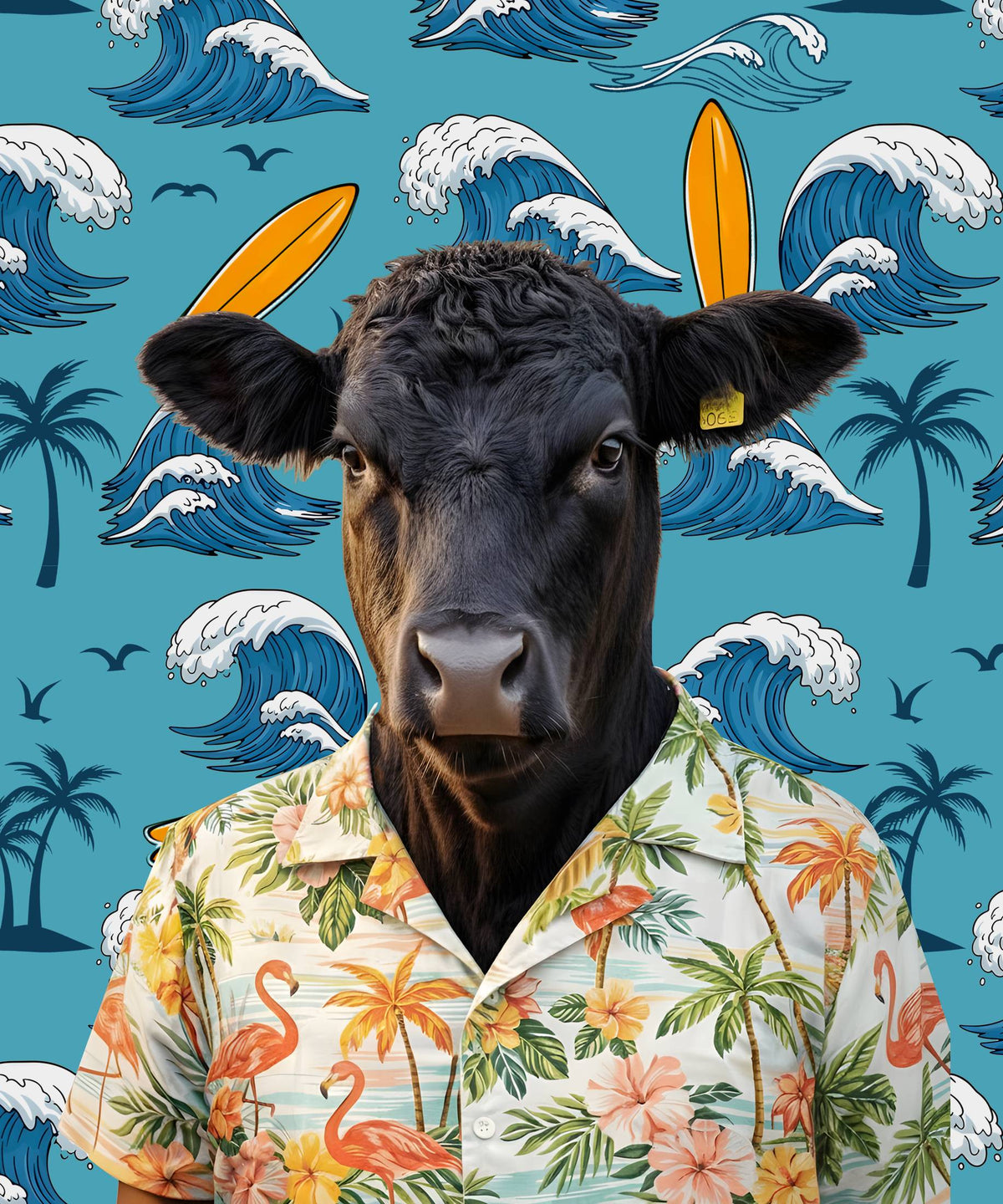 Detailed view of the tropical cow hawaiian shirt for matching family outfits