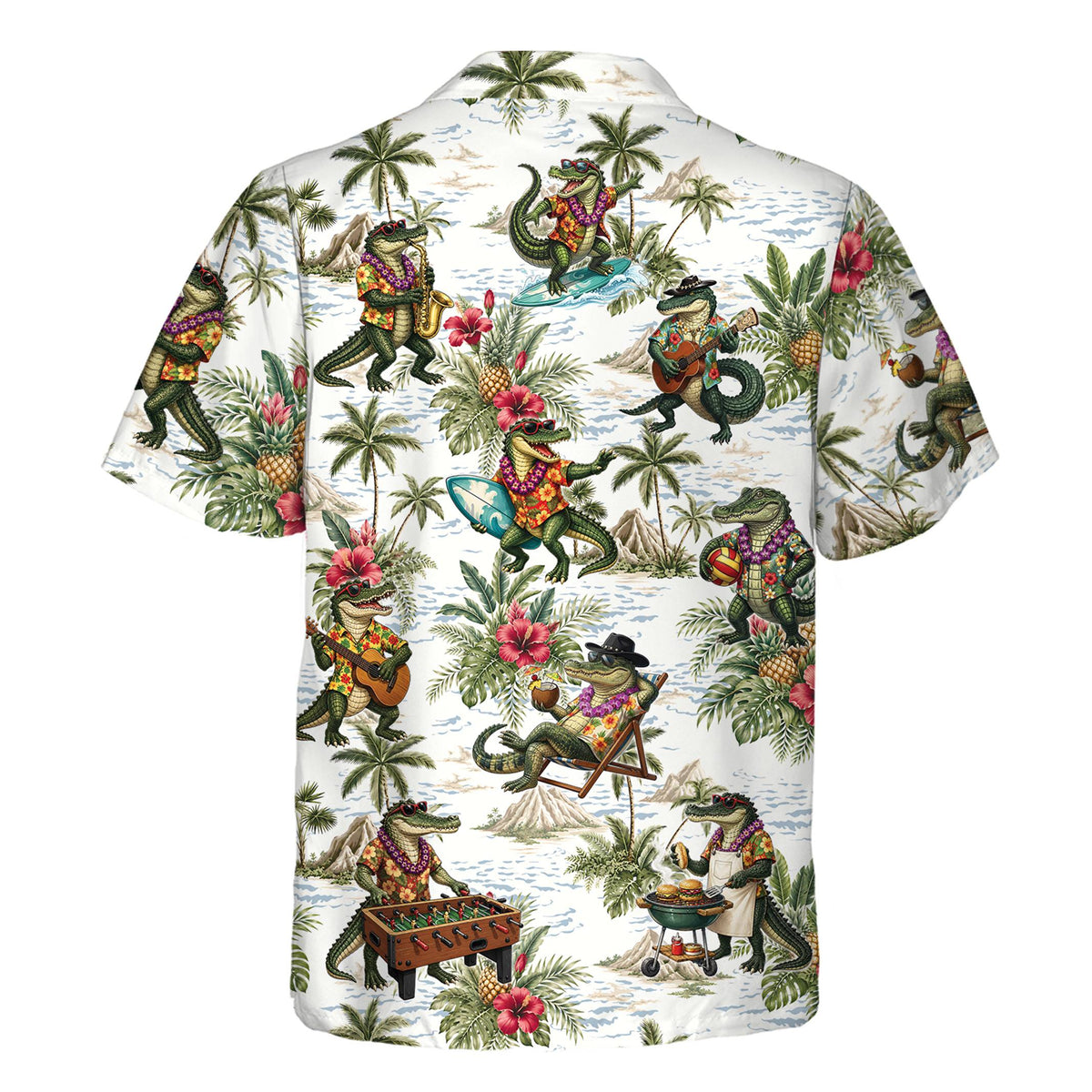 Back view of the white and green tropical crocodiles hawaiian shirt