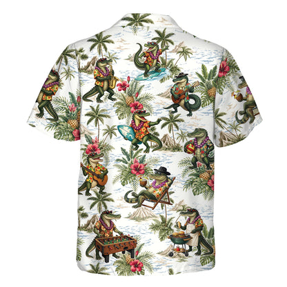 Back view of the white and green tropical crocodiles hawaiian shirt