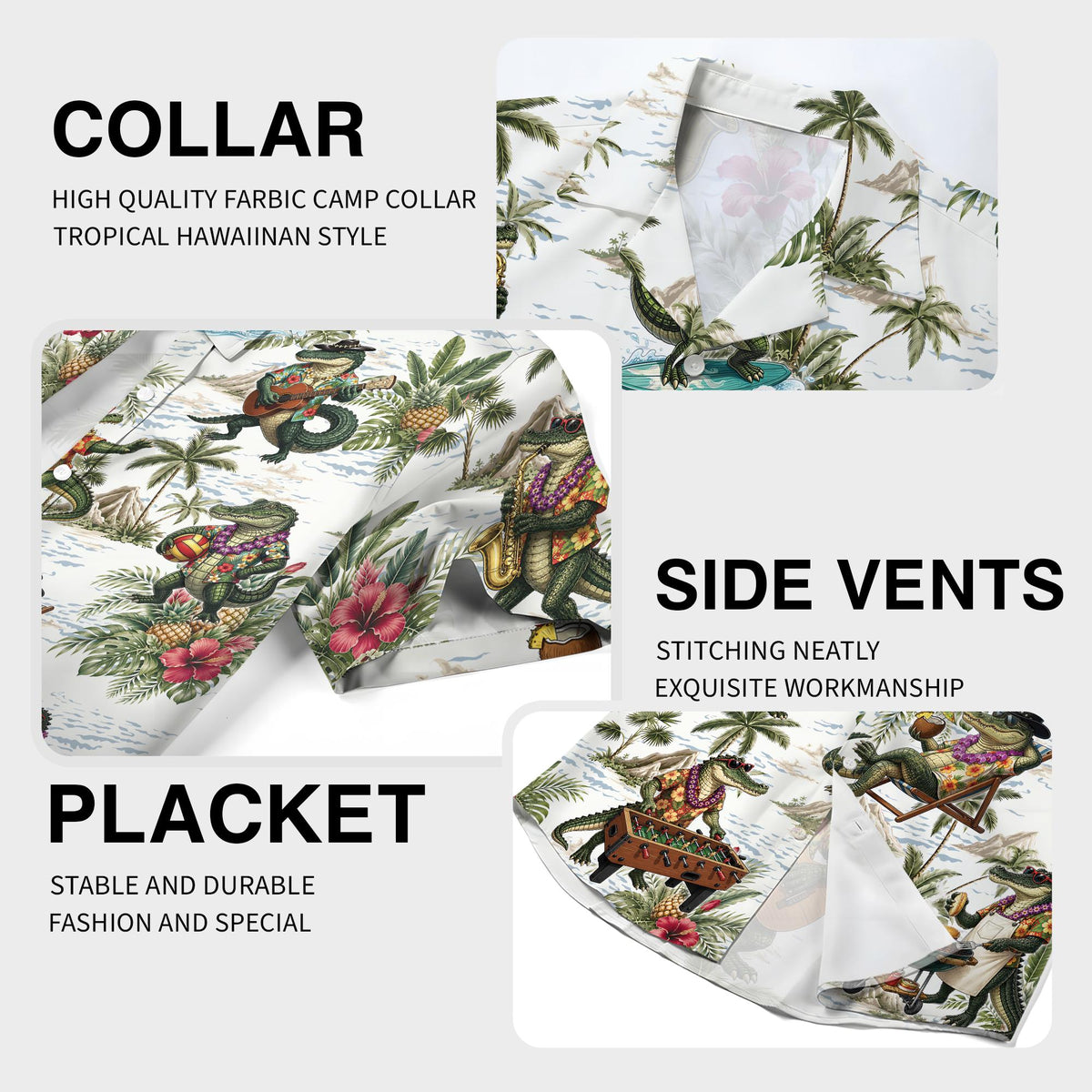 Detail view of the tropical crocodiles hawaiian shirt showing palm trees and crocodiles playing guitar