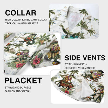 Detail view of the tropical crocodiles hawaiian shirt showing palm trees and crocodiles playing guitar