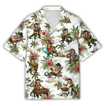 Front view of the tropical crocodiles hawaiian shirt featuring surfing crocodiles