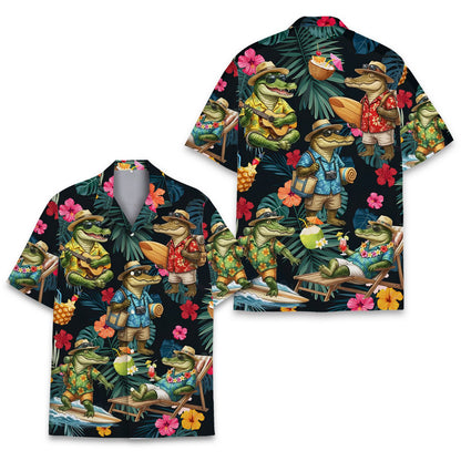 Front view of the tropical crocodiles hawaiian shirt