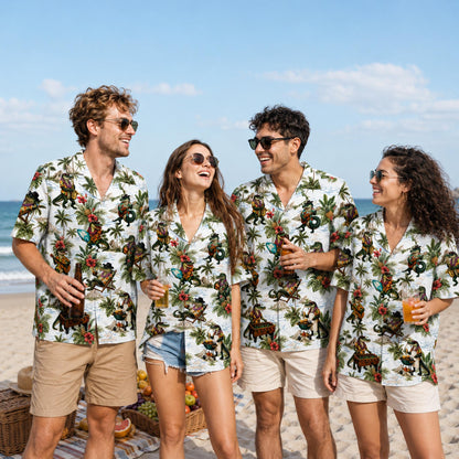 Second lifestyle view showing the matching family hawaiian shirts design in a summer setting