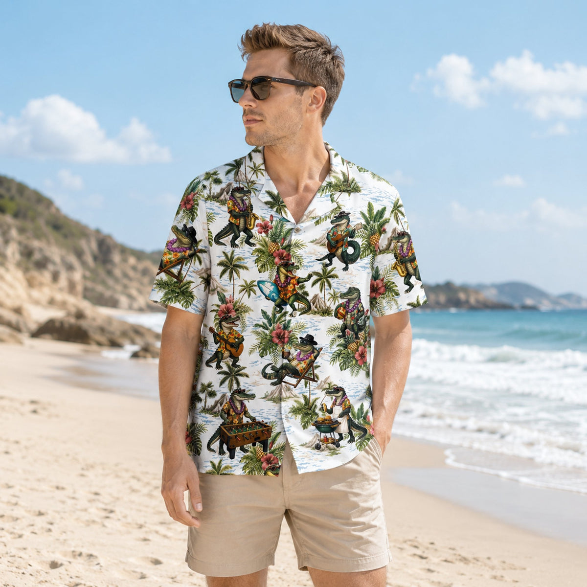 Lifestyle view of an adult wearing the tropical crocodiles hawaiian shirt outdoors