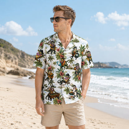 Lifestyle view of an adult wearing the tropical crocodiles hawaiian shirt outdoors