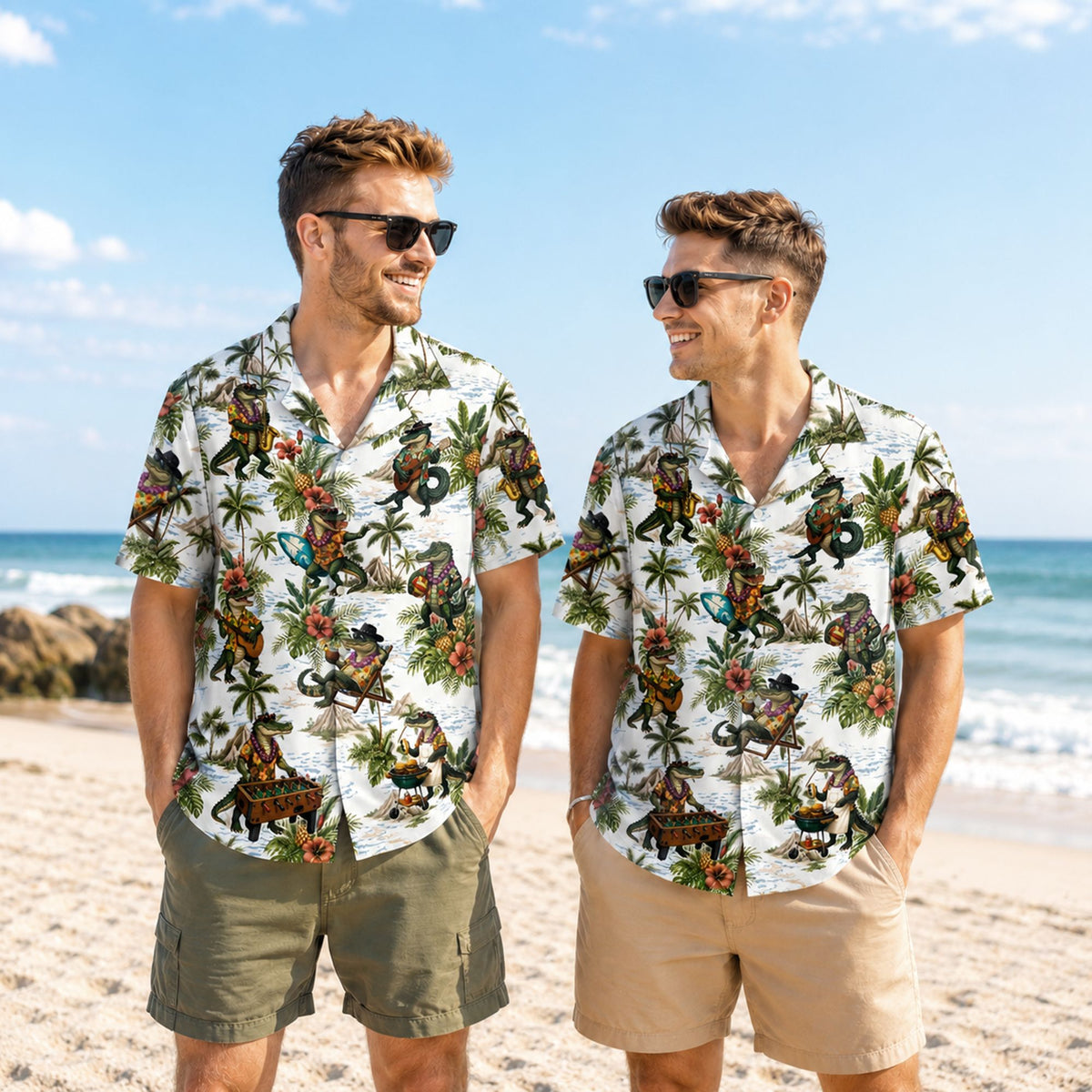 Third lifestyle view of the tropical crocodiles hawaiian shirt