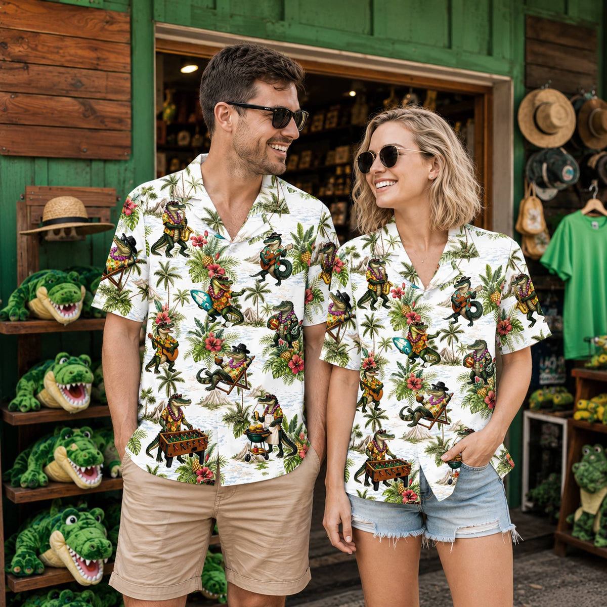 Fifth lifestyle view showing the comfortable fit of the tropical crocodiles hawaiian shirt