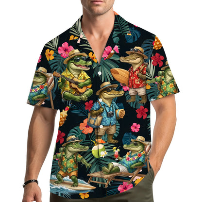 Lifestyle view of the tropical crocodiles hawaiian shirt being worn outdoors
