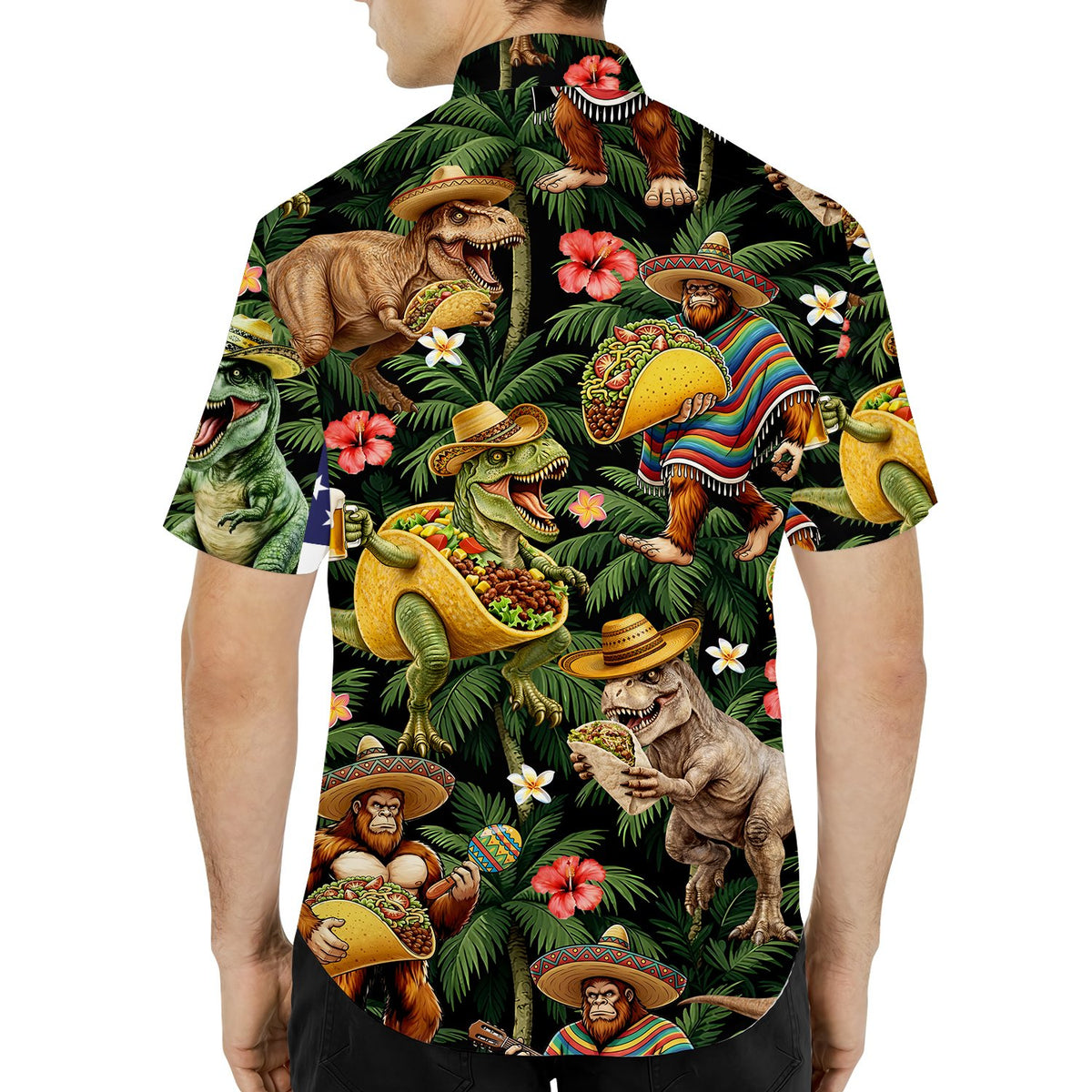 Third lifestyle view showing the tropical dino fiesta hawaiian shirt in a summer setting
