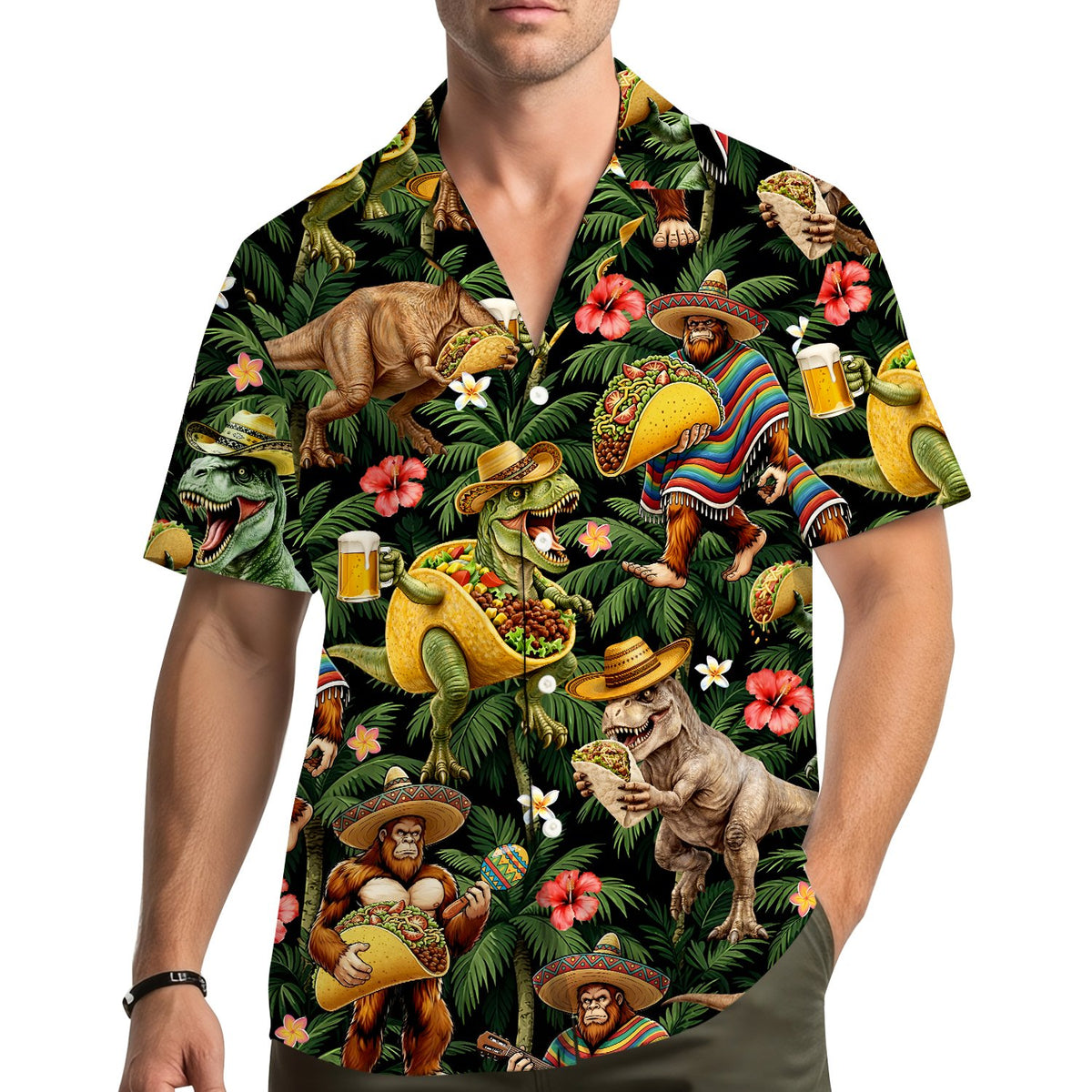 Lifestyle view of someone wearing the matching family hawaiian shirts outdoors