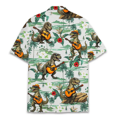 Tropical dinosaur hawaiian shirt flat lay back view