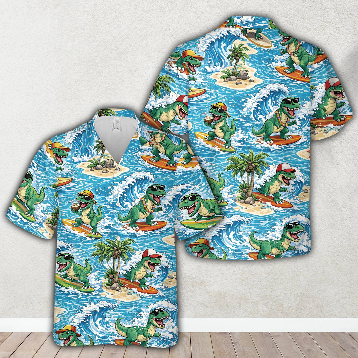 Matching family tropical dinosaur hawaiian shirt featuring surfing T-Rex, main view