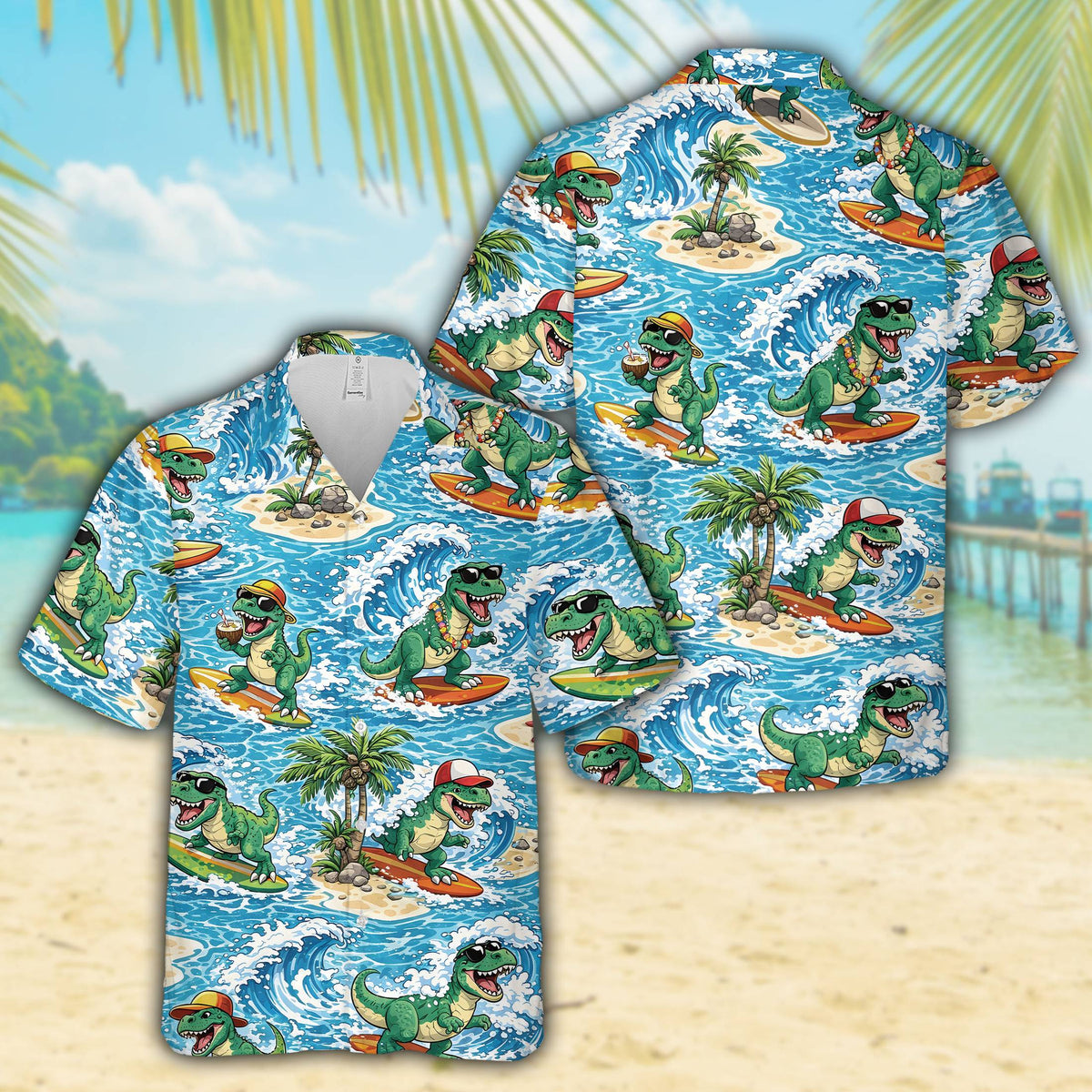 Close up of the cartoon T-Rex design on the dinosaur hawaiian shirt