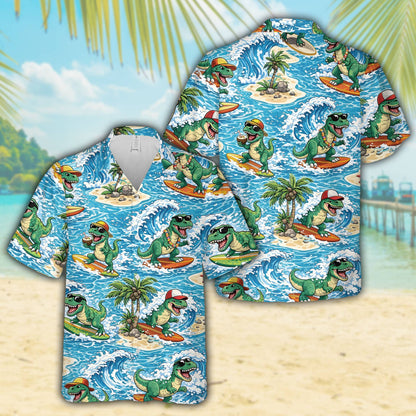 Close up of the cartoon T-Rex design on the dinosaur hawaiian shirt