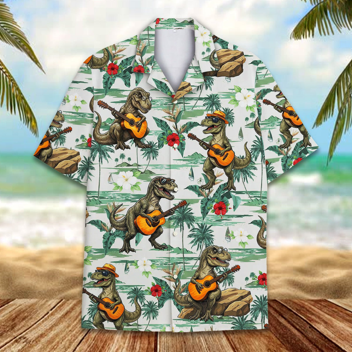 Tropical dinosaur hawaiian shirt alternate front view
