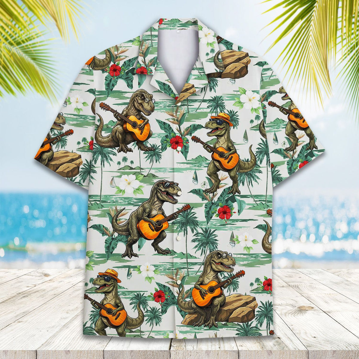 Tropical dinosaur hawaiian shirt close up front design