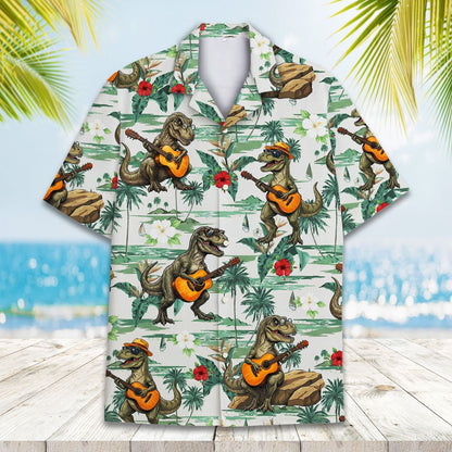 Tropical dinosaur hawaiian shirt close up front design