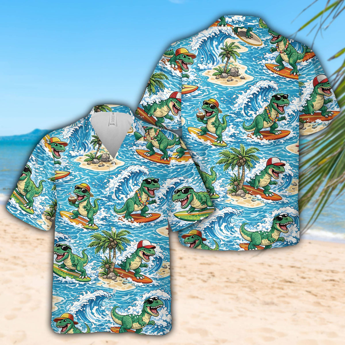 Blue water background and palm tree details on the tropical dinosaur hawaiian shirt
