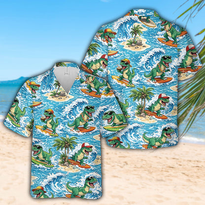 Blue water background and palm tree details on the tropical dinosaur hawaiian shirt