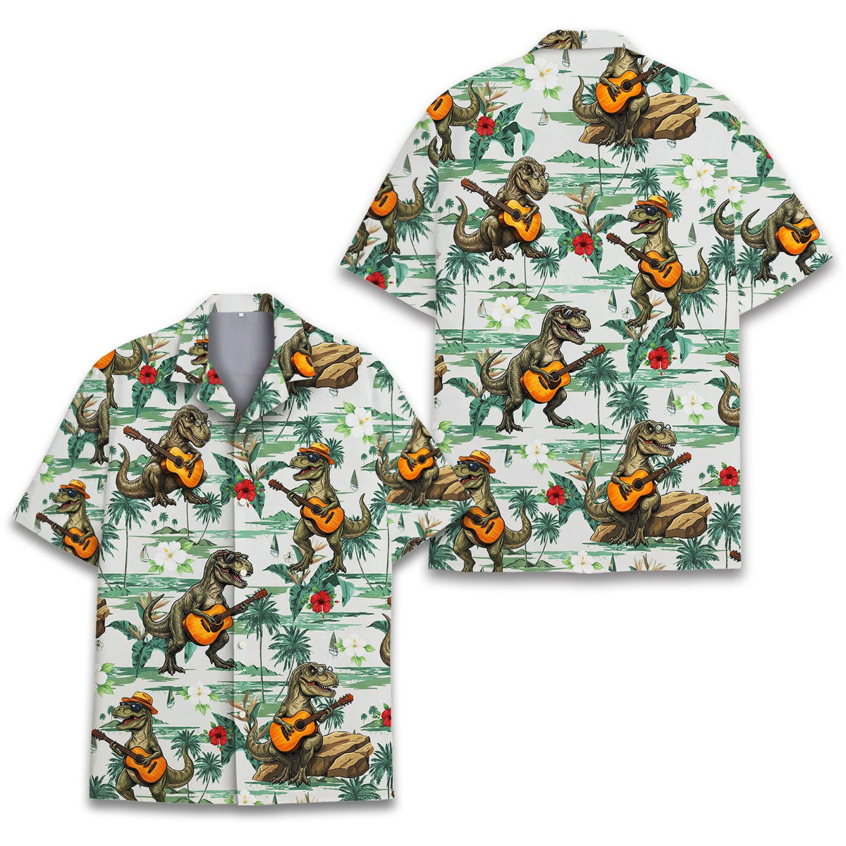 Tropical dinosaur hawaiian shirt flat lay front