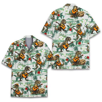 Tropical dinosaur hawaiian shirt flat lay front