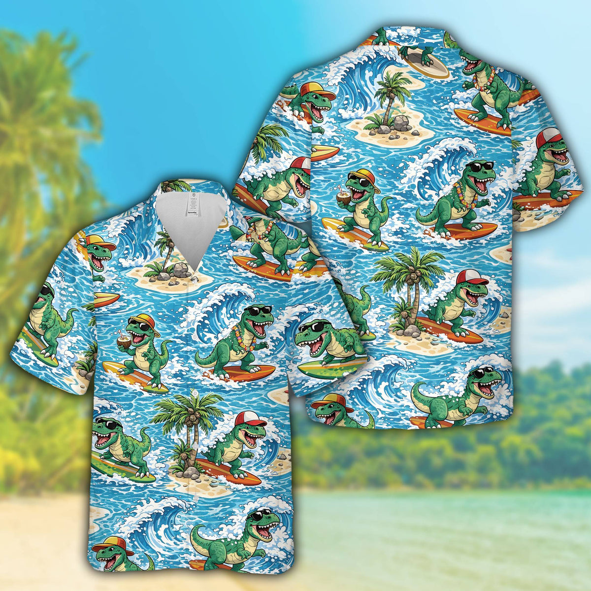 Surfing dinosaur print featured on the front of the hawaiian shirt