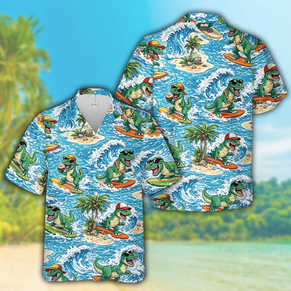 Surfing dinosaur print featured on the front of the hawaiian shirt