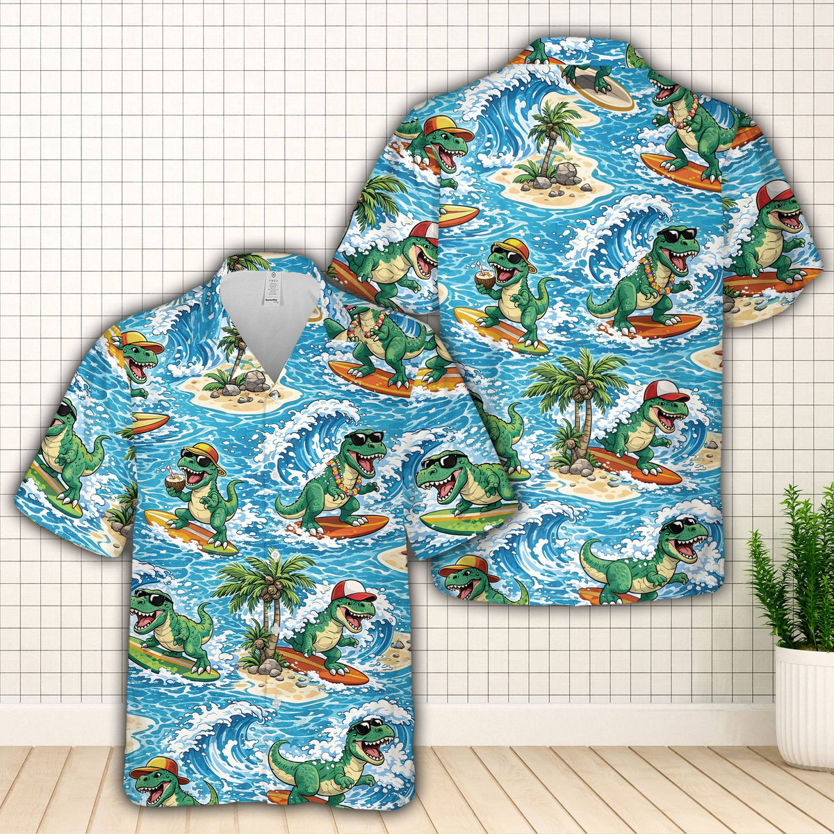 Tropical dinosaur hawaiian shirt front design detail